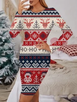 Women's Christmas Casual Dress Print Dress Blue Light Red Red White Black Long Sleeve ElkTree Snowflake Print Winter Autumn Crew Neck Fashion Casual Fall Dress 2022 S M L XL 2XL 3XL 4XL 5XL 6XL