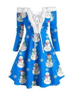 Women's Christmas Swing Dress Vintage Dress Mini Dress Green Blue Royal Blue Red White Black Long Sleeve Santa Claus Snowman Snowflake Feather Print Winter Fall Off Shoulder Stylish Elegant -Fashion Life Shop inyxij1666597371685