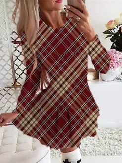 Women's Christmas Swing DressShort Mini DressShort Mini Dress Light Yellow Purple Dark Blue Orange Red Long Sleeve Plaid Snowman Tree Pleated Print Fall Winter Crew Neck Stylish Romantic