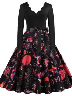 Women's Christmas Casual Dress Swing Dress Vintage Dress Midi Dress Black Wine Orange Long Sleeve Animal Bow Winter Fall Autumn V Neck 2022 S M L XL XXL 3XL -Fashion Life Shop iowzsa1666853153599