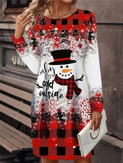 Women's Christmas Dress Plaid Dress Mini Dress Active Fashion Outdoor Christmas Holiday Crew Neck Print Geometric Snowman Snowflake Loose Fit Wine Red Blue S M L XL XXL