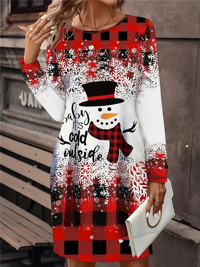 Women's Christmas Dress Plaid Dress Mini Dress Active Fashion Outdoor Christmas Holiday Crew Neck Print Geometric Snowman Snowflake Loose Fit Wine Red Blue S M L XL XXL 1 Women's Christmas Dress Plaid Dress Mini Dress Active Fashion Outdoor Christmas Holiday Crew Neck Print Geometric Snowman Snowflake Loose Fit Wine Red Blue S M L XL XXL