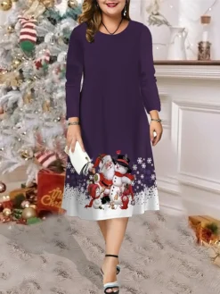 Women's Christmas Plus Size Curve Casual Dress Skater Dress A Line Dress Santa Claus Snowman Midi Dress Long Sleeve Print Crew Neck Fashion Outdoor Black Wine Fall Winter L XL XXL 3XL 4XL -Fashion Life Shop ipzgtm1696838992794