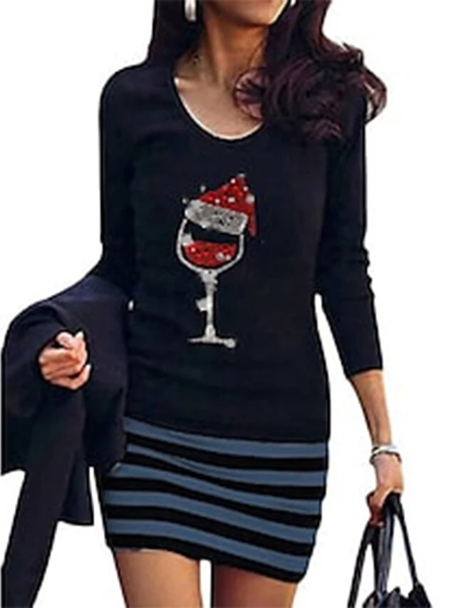 Women's Christmas Casual DressMini Dress Blue Yellow Dark Gray White Black Long Sleeve Striped Print Hat Print Fall Winter Crew Neck Casual Mature Loose Fit 2022 S M 3 Women's Christmas Casual DressMini Dress Blue Yellow Dark Gray White Black Long Sleeve Striped Print Hat Print Fall Winter Crew Neck Casual Mature Loose Fit 2022 S M - Image 3