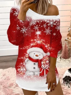 Women's Casual Dress Christmas Dress Sweatshirt Dress Plaid Cat Cold Shoulder Print One Shoulder Mini Dress Fashion Streetwear Outdoor Christmas Long Sleeve Loose Fit Black Red Burgundy Fall Winter S -Fashion Life Shop iqjhui1695111642627