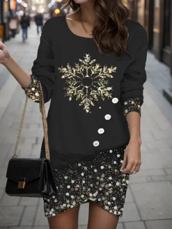 Women's Casual Dress Sweatshirt Dress Mini Dress Warm Fashion Outdoor Christmas Vacation Crew Neck Print Animal Christmas Tree Snowflake Loose Fit Black Blue Purple S M L XL XXL