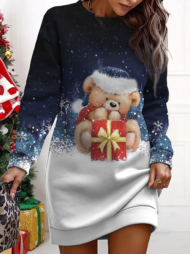 Women's Christmas Casual Dress Sweatshirt Dress Mini Dress Warm Fashion OutdoorVacation Crew Neck Print Snowman Loose Fit Yellow Wine Navy Blue S M L XL XXL 3 Women's Christmas Casual Dress Sweatshirt Dress Mini Dress Warm Fashion OutdoorVacation Crew Neck Print Snowman Loose Fit Yellow Wine Navy Blue S M L XL XXL - Image 3