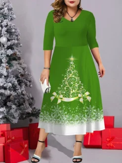 Women's Christmas Plus Size Curve Casual Dress Work Dress Swing Dress Christmas Tree Snowflake Midi Dress Half Sleeve Pocket Print V Neck Fashion Outdoor Wine Navy Blue Fall Winter L XL XXL 3XL 4XL -Fashion Life Shop iqzszu1695713708461