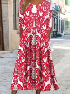 Women's Christmas Casual Dress Swing DressMidi Dress Green Wine Red Long Sleeve Plaid Elk Snowman Pocket Print Fall Winter Round Neck Vacation Casual 2022 S M L XL XXL 3XL