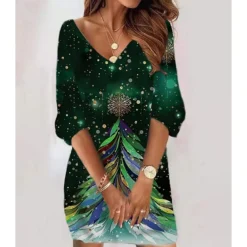 Women‘s Christmas Sweatshirt Dress Winter Dress Short Mini Dress Black 3/4 Length Sleeve Hat Print Fall Winter V Neck Vacation Casual 2022 S M L XL XXL 3XL -Fashion Life Shop irtpbi1666786453820