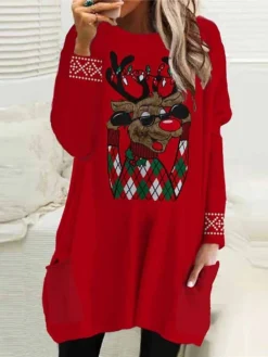 Women's Christmas Casual Dress T Shirt Dress Tee Dress Shift Dress Mini Dress Wine Red Long Sleeve Letter Pocket Winter Fall Autumn Crew Neck Fashion Daily Vacation Loose Fit 2022 S M L XL XXL 3XL