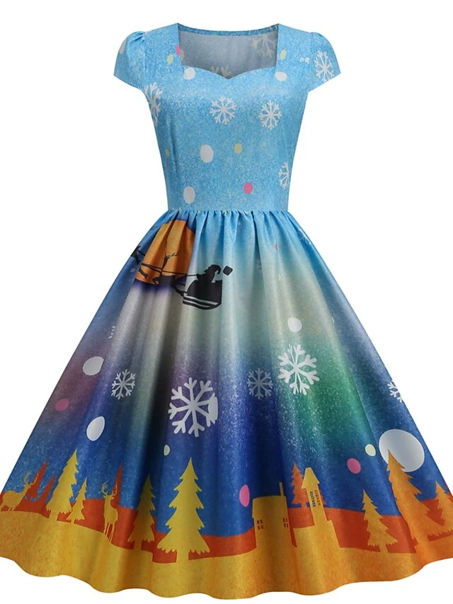 Women's Christmas Swing Dress Vintage DressKnee Length Dress Blue Wine Red Light BlueShort Sleeve Santa Claus Snowman Tree Print Fall Winter Square Neck Vintage Elegant Slim 2022 S M L XL 5 Women's Christmas Swing Dress Vintage DressKnee Length Dress Blue Wine Red Light BlueShort Sleeve Santa Claus Snowman Tree Print Fall Winter Square Neck Vintage Elegant Slim 2022 S M L XL - Image 5