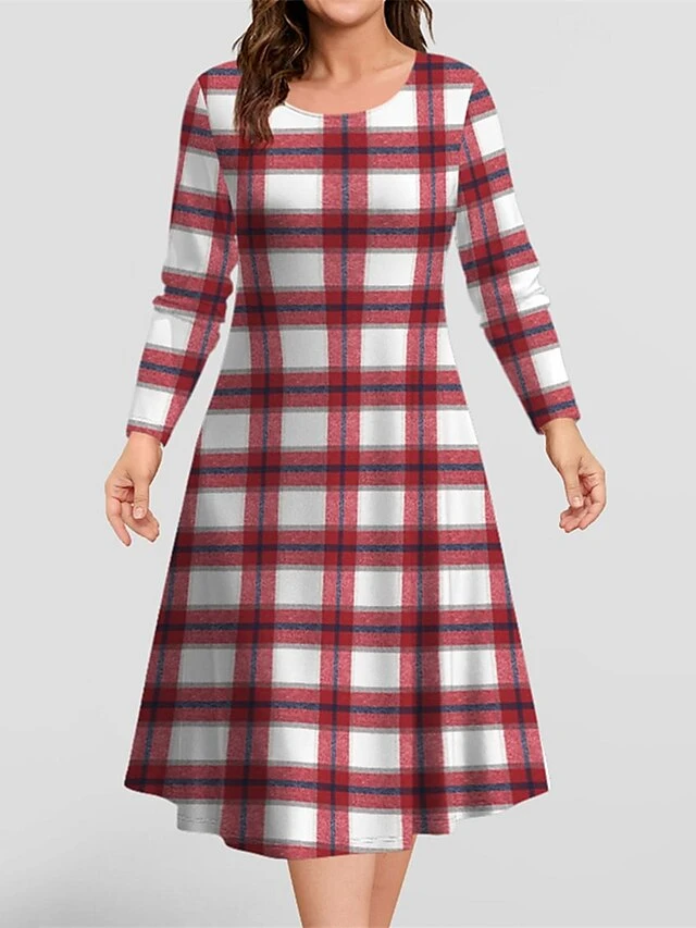 Women's Christmas Plus Size Curve Casual Dress Skater Dress A Line Dress Plaid Midi Dress Long Sleeve Print Crew Neck Fashion Outdoor Wine Fall Winter L XL XXL 3XL 4XL 2 Women's Christmas Plus Size Curve Casual Dress Skater Dress A Line Dress Plaid Midi Dress Long Sleeve Print Crew Neck Fashion Outdoor Wine Fall Winter L XL XXL 3XL 4XL - Image 2