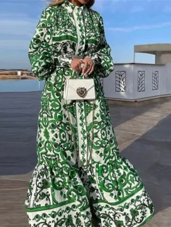 Women's Casual Dress Winter Dress Swing Dress Floral Stripe Ruched Ruffle Crew Neck Midi Dress Fashion Modern Outdoor Christmas Long Sleeve Loose Fit Green Fall Winter S M L XL