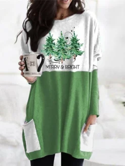 Women's Christmas Casual Dress T Shirt Dress Tee Dress Mini Dress Green Red Gray Long Sleeve Letter Tree Pocket Print Winter Fall Crew Neck Vacation Casual 2022 XXS XS S M L XL XXL 3XL 4XL -Fashion Life Shop ittpaq1667286744232
