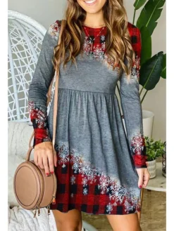 Women's Christmas Casual Dress Mini Dress Red Long Sleeve Plaid Print Winter Fall Autumn Crew Neck 2022 S M L XL
