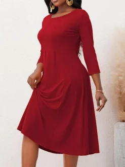 Women's Christmas Plus Size Curve Casual Dress A Line Dress Solid Color Midi Dress 3/4 Length Sleeve Crew Neck Fashion Outdoor Red Fall Winter L XL XXL 3XL 4XL