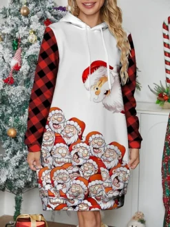 Women's Christmas Dress Hoodie Dress Mini Dress Warm Fashion Outdoor Christmas Holiday Hoodie Print Santa Claus Loose Fit White S M L XL XXL