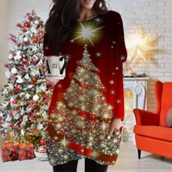 Women's Christmas T Shirt Dress Tee Dress Shift Dress Black Long Sleeve Animal Pocket Print Winter Fall V Neck Basic Casual Fall Dress Loose Fit S M L XL XXL 3XL / Winter Dress -Fashion Life Shop iugxrd1668235963660