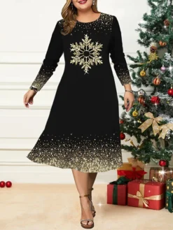 Women's Christmas Plus Size Curve Casual Dress Skater Dress A Line Dress Christmas Tree Snowflake Midi Dress Long Sleeve Print Crew Neck Fashion Outdoor Black Red Fall Winter L XL XXL 3XL 4XL
