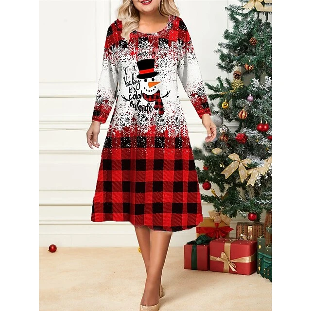 Women's Christmas Plus Size Curve Casual Dress Skater Dress A Line Dress Plaid Snowflake Midi Dress Long Sleeve Print Crew Neck Fashion Outdoor Red Blue Fall Winter L XL XXL 3XL 4XL 1 Women's Christmas Plus Size Curve Casual Dress Skater Dress A Line Dress Plaid Snowflake Midi Dress Long Sleeve Print Crew Neck Fashion Outdoor Red Blue Fall Winter L XL XXL 3XL 4XL