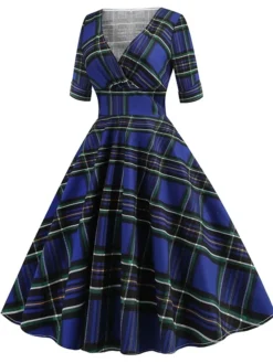 Women's Christmas Swing Dress Midi Dress Black Blue Red Short Sleeve Plaid Print Winter Fall Autumn V Neck 2022 S M L XL 2XL -Fashion Life Shop iusfso1667979775612