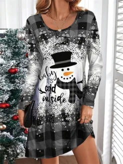 Women's Casual Dress Christmas Dress T Shirt Dress Tee Dress Plaid Snowman Print V Neck Mini Dress Fashion Streetwear Outdoor Christmas Long Sleeve Loose Fit Wine Blue Orange Fall Winter S M L XL XXL -Fashion Life Shop ivmtko1695382865341