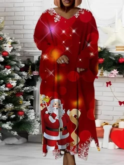 Women‘s Plus Size Christmas Dress Santa Claus V Neck Long Sleeve Winter Fall Modern Maxi Long Dress Daily Dress -Fashion Life Shop iwdcfz1668158235056