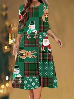 Women's Christmas Casual Dress Shift Dress Midi Dress Green 3/4 Length Sleeve Color Block Ruched Winter Fall Autumn Fashion Daily 2022 S M L XL XXL 3XL