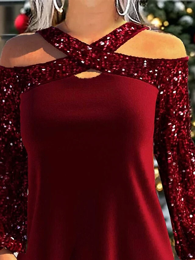 Women's Christmas Dress Velvet Dress Casual Dress Mini Dress Cut Out Cold Shoulder Christmas Street Vacation Fashion Streetwear V Neck Long Sleeve 2023 Regular Fit Wine Color S M L XL XXL Size 2 Women's Christmas Dress Velvet Dress Casual Dress Mini Dress Cut Out Cold Shoulder Christmas Street Vacation Fashion Streetwear V Neck Long Sleeve 2023 Regular Fit Wine Color S M L XL XXL Size - Image 2