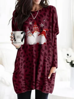 Women's Casual Dress Christmas Dress Print Dress Leopard Santa Claus Pocket Print Crew Neck Mini Dress Active Fashion Christmas Daily Long Sleeve Loose Fit Red Purple Green Fall Winter S M L XL XXL -Fashion Life Shop iwtwjh1694065941455