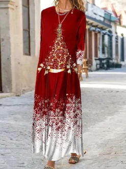 Women's Casual Dress Velvet Dress Winter Dress Plaid Christmas Tree Pocket Print Crew Neck Long Dress Maxi Dress Fashion Streetwear Outdoor Christmas Long Sleeve Loose Fit Wine Red Blue Fall Winter S