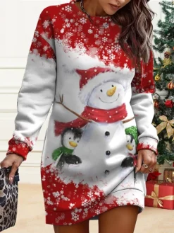 Women's Christmas Casual Dress Sweatshirt Dress Mini Dress Warm Fashion OutdoorVacation Crew Neck Print Snowman Loose Fit Black White Burgundy S M L XL XXL -Fashion Life Shop iwzciy1695644498522