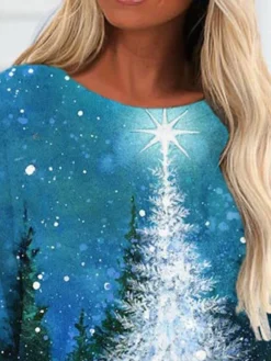 Women's Christmas Casual Dress T Shirt Dress Tee Dress Mini Dress Blue Long Sleeve Tree Print Winter Fall Crew Neck Vacation Casual 2022 S M L XL XXL 3XL -Fashion Life Shop ixcfmf1667286758480
