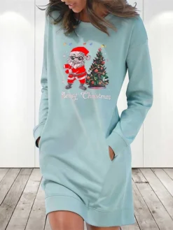 Women's Christmas Hoodie Dress Winter Dress Light Blue Grey White Long Sleeve Letter Santa Claus Tree Pocket Print Winter Fall Crew Neck Stylish Casual Loose Fit 2022 S M L XL 2XL / Cotton