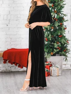 Women's Christmas Dress Casual Dress Velvet Dress Long Dress Maxi Dress Ruched Split Outdoor Christmas Daily Fashion Elegant Crew Neck Half Sleeve 2023 Loose Fit Black Wine Gold Color S M L XL Size -Fashion Life Shop ixuhpj1694089528598