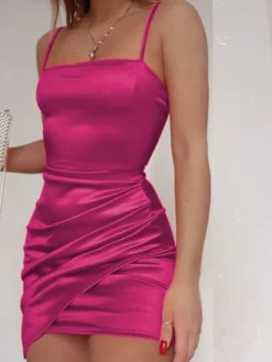 Women's Party Dress Satin Dress Sheath Dress Mini Dress Black Red Fuchsia Sleeveless Pure Color Ruched Summer Spring Strapless Hot Christmas Slim 2023 S M L XL -Fashion Life Shop ixvxdi1689743712077