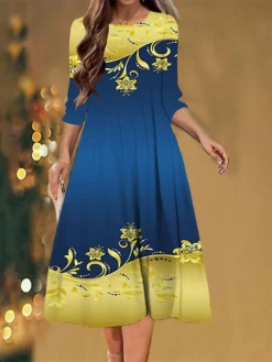 Women's Christmas Casual Dress Shift Dress Midi Dress Blue 3/4 Length Sleeve Floral Ruched Winter Fall Autumn Fashion Christmas Daily 2022 S M L XL XXL 3XL