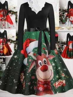 Women's Christmas Casual Dress Swing Dress Midi Dress Green Wine Light Red Fuchsia Red Long Sleeve Santa Claus Elk Bow Print Winter Fall V Neck Vacation Vintage 2022 S M L XL XXL 3XL