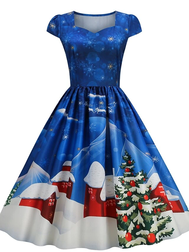 Women's Christmas Swing Dress Vintage DressKnee Length Dress Blue Wine Red Light BlueShort Sleeve Santa Claus Snowman Tree Print Fall Winter Square Neck Vintage Elegant Slim 2022 S M L XL 11 Women's Christmas Swing Dress Vintage DressKnee Length Dress Blue Wine Red Light BlueShort Sleeve Santa Claus Snowman Tree Print Fall Winter Square Neck Vintage Elegant Slim 2022 S M L XL - Image 11