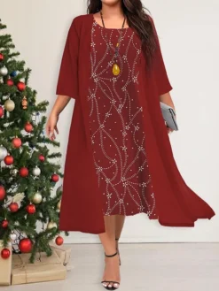 Women's Plus Size Curve Velvet Dress Casual Dress Winter Dress Floral Midi Dress 3/4 Length Sleeve Fake Two Piece Crew Neck Fashion Christmas Wine Fall Winter L XL XXL 3XL 4XL