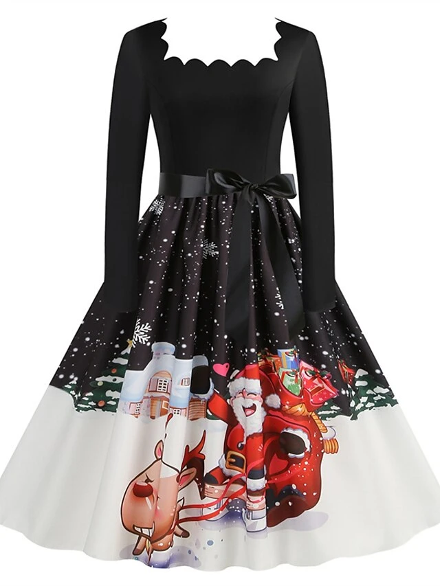 Women's Christmas Vintage Dress Midi Dress Black And White Green Black Long Sleeve Santa Claus Bow Winter Fall Autumn Square Neck Stylish Christmas Vacation 2022 S M L XL XXL 3XL 14 Women's Christmas Vintage Dress Midi Dress Black And White Green Black Long Sleeve Santa Claus Bow Winter Fall Autumn Square Neck Stylish Christmas Vacation 2022 S M L XL XXL 3XL - Image 14