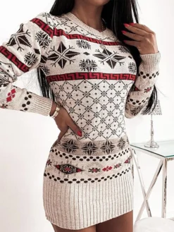 Women‘s Christmas Sweater Dress Jumper Dress Winter Dress Warm Geometric Plaid Print Outdoor Christmas Casual Daily Crew Neck Long Sleeve 2023 Regular Fit Red Blue Apricot S M L XL -Fashion Life Shop jbblqk1694165720699