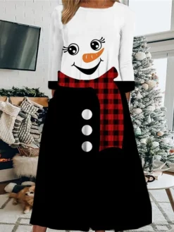 Women's Christmas Casual Dress Shift Dress Midi Dress Midi Dress Black Wine Light Red 3/4 Length Sleeve Snowman Ruched Winter Fall Autumn Round Neck Fashion Daily 2022 S M L XL XXL 3XL -Fashion Life Shop jbrirt1668051565397