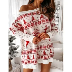 Women‘s Christmas Sweater Dress Winter Dress Casual Dress Red White Long Sleeve Elk Tree Snowflake Knit Print Winter Fall Crew Neck Fashion Casual Fit 2022 S M L XL -Fashion Life Shop jcdnks1662546640812