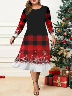 Women's Christmas Plus Size Curve Casual Dress Skater Dress A Line Dress Plaid Snowman Midi Dress Long Sleeve Print Crew Neck Fashion Outdoor Black White Fall Winter L XL XXL 3XL 4XL -Fashion Life Shop jckpmf1695191648587