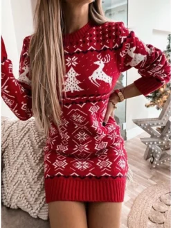 Women‘s Christmas Sweater Dress Winter Dress Sheath Dress Short Mini Dress Red Navy Blue Gray Long Sleeve Elk Snowman Snowflake Knit Fall Winter Round Neck Turtleneck Stylish Casual 2022 S M L XL XXL -Fashion Life Shop jcvjdg1663151833595