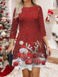 Women‘s Christmas Sweater Dress Jumper Dress Winter Dress Warm Santa Claus Deer Outdoor Christmas Daily Holiday Crew Neck Long Sleeve 2023 Regular Fit Wine Green Gray S M L XL XXL 3XL