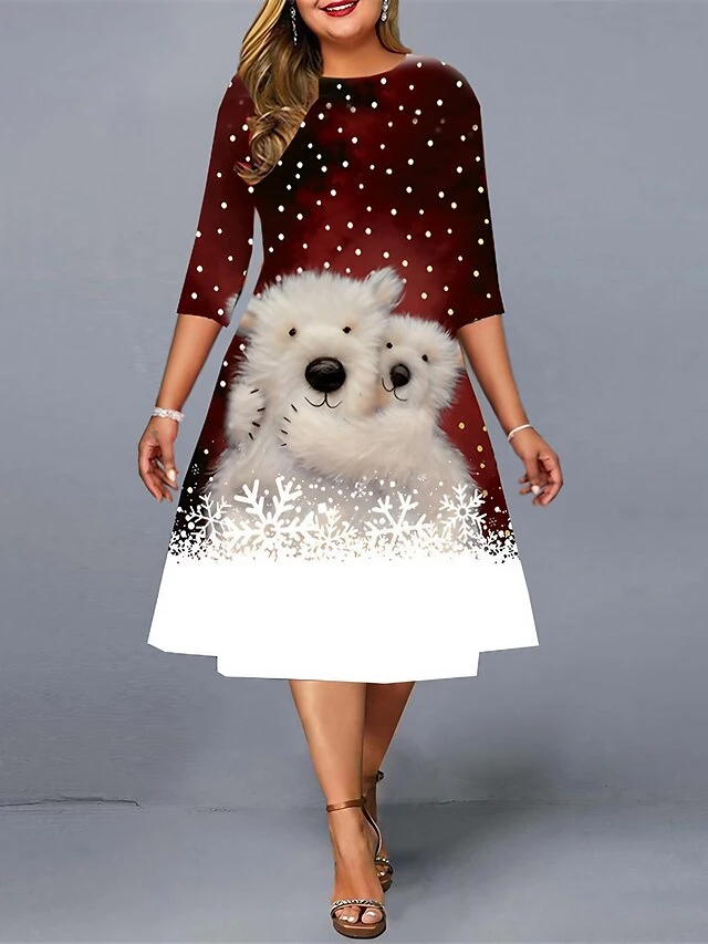 Women‘s Christmas Plus Size Work Dress Animal Crew Neck Print 3/4 Length Sleeve Fall Spring Elegant Midi Dress Work Going Out Dress 1 Women‘s Christmas Plus Size Work Dress Animal Crew Neck Print 3/4 Length Sleeve Fall Spring Elegant Midi Dress Work Going Out Dress