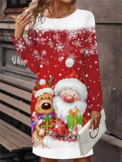 Women's Christmas Dress Casual Dress Mini Dress Active Fashion Outdoor Christmas Holiday Crew Neck Print Christmas Tree Snowflake Deer Loose Fit White Wine Red S M L XL XXL -Fashion Life Shop jeuftz1697108653504